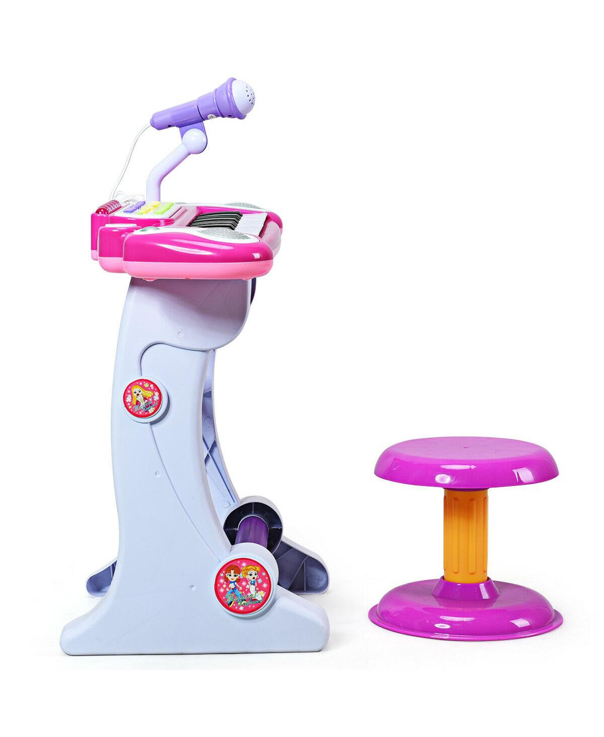 Gymax Kids Electronic Keyboard Piano MP3 Input 37 Key Microphone Stool Toy - Pink+red+white