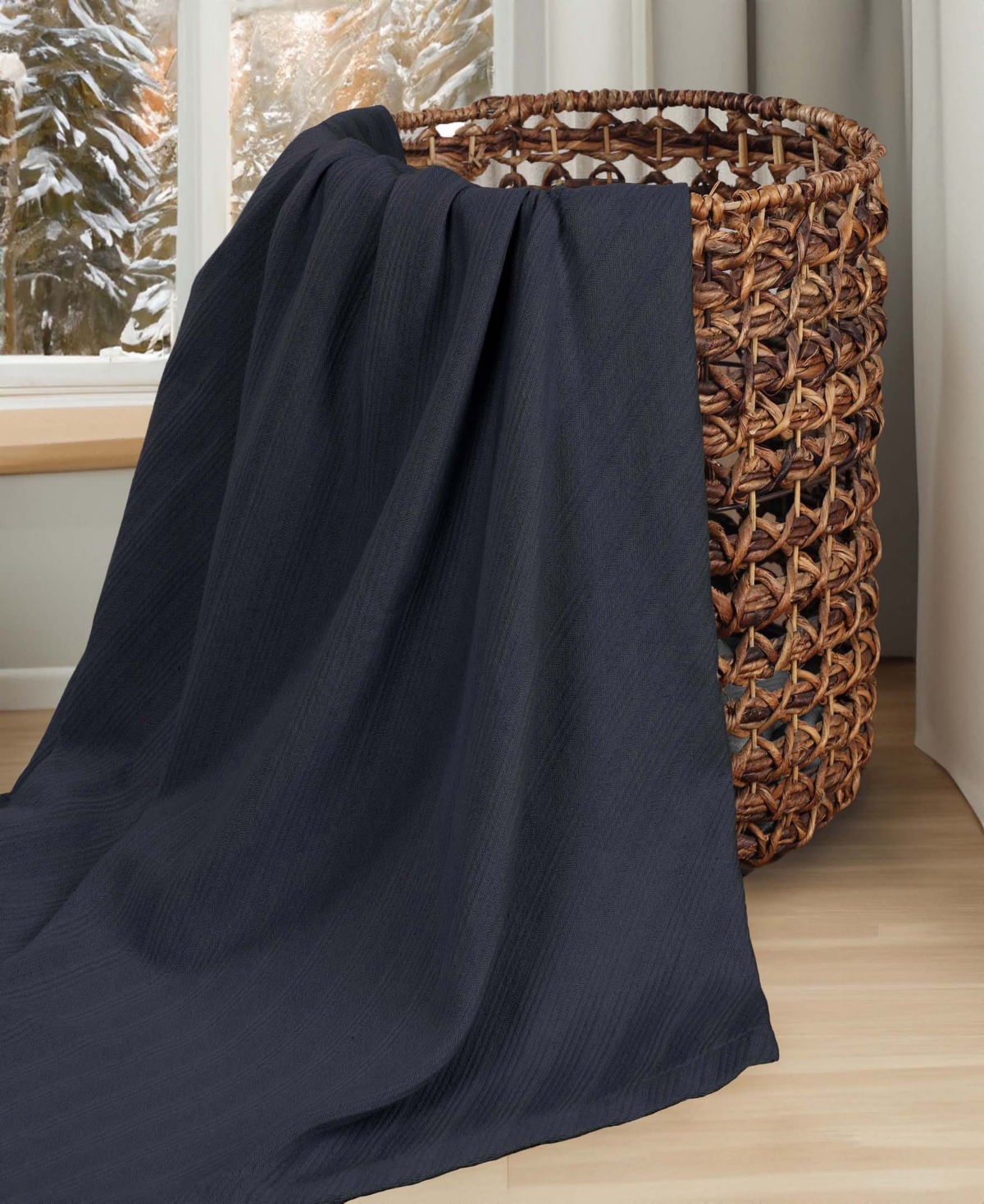 Superior Milan Cotton Jacquard Dobby Weave Textured Striped Lightweight Woven Blanket, Full/queen In Navy Blue