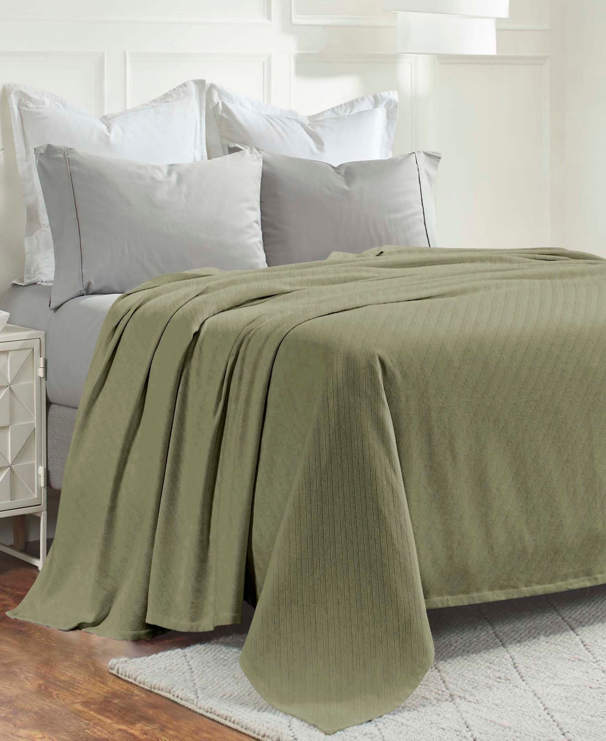 Superior Milan Cotton Jacquard Dobby Weave Textured Striped Lightweight Woven Blanket, California King In Sage