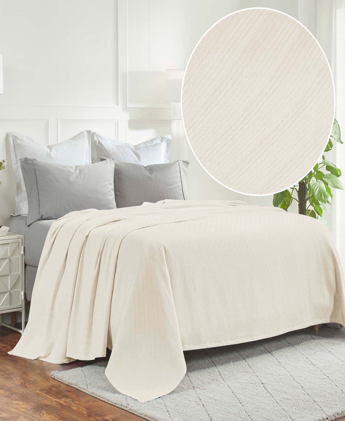 Superior Milan Cotton Jacquard Dobby Weave Textured Striped Lightweight Woven Blanket, Twin In Ivory