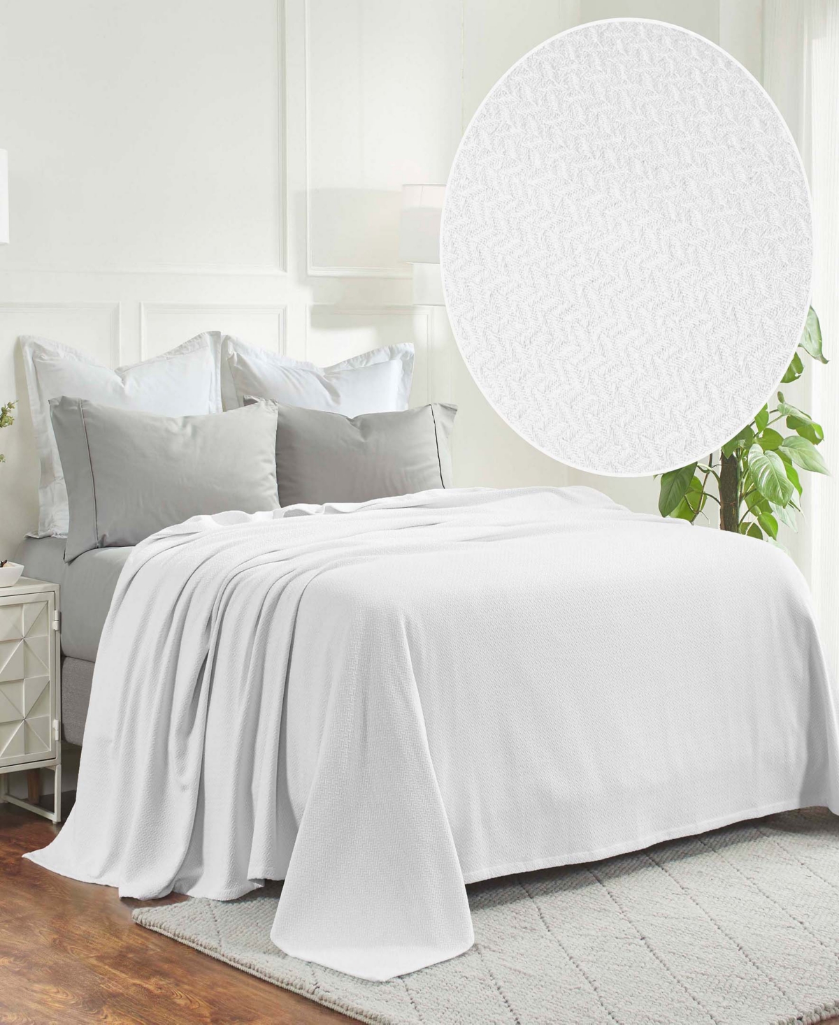Superior Nobel Cotton Jacquard Dobby Weave Textured Chevron Lightweight Woven Blanket, California King In White
