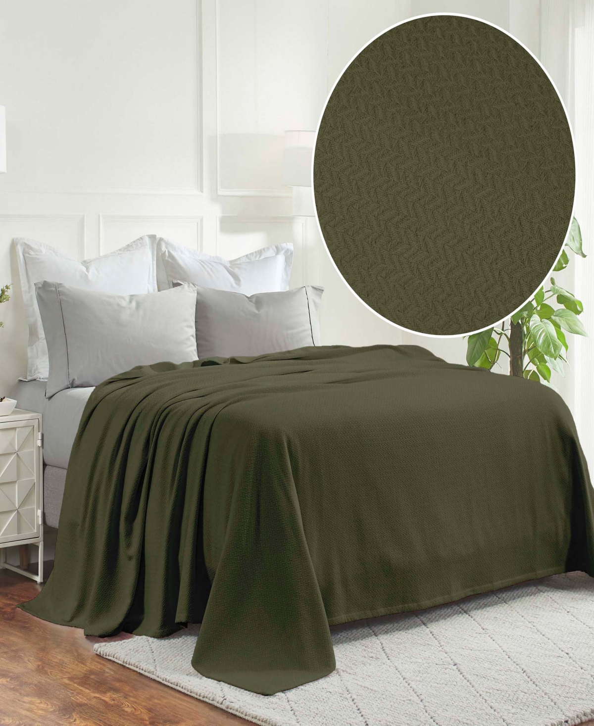 Superior Nobel Cotton Jacquard Dobby Weave Textured Chevron Lightweight Woven Blanket, Full/queen In Forest Green