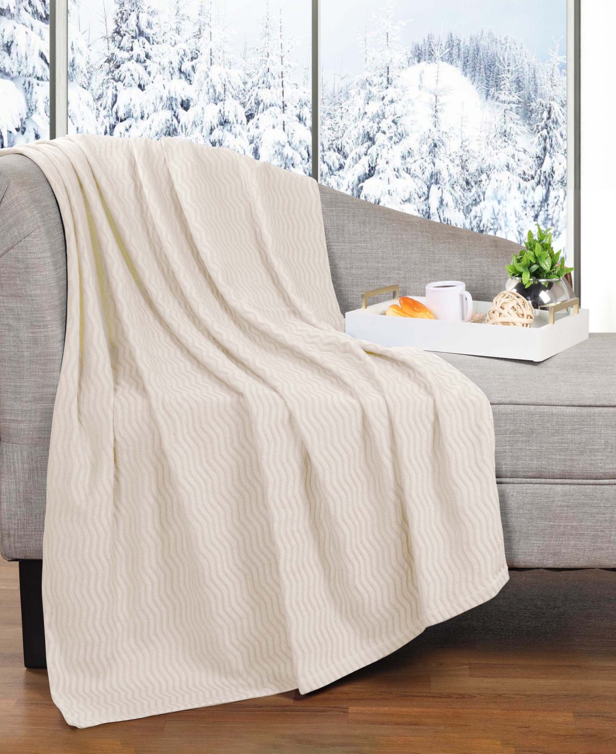 Superior Jena Cotton Textured Chevron Lightweight Woven Throw, 50" X 60" In Ivory