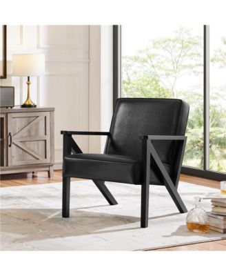 Faux Leather Armchair with Z-shaped Wood Legs Dark Brown