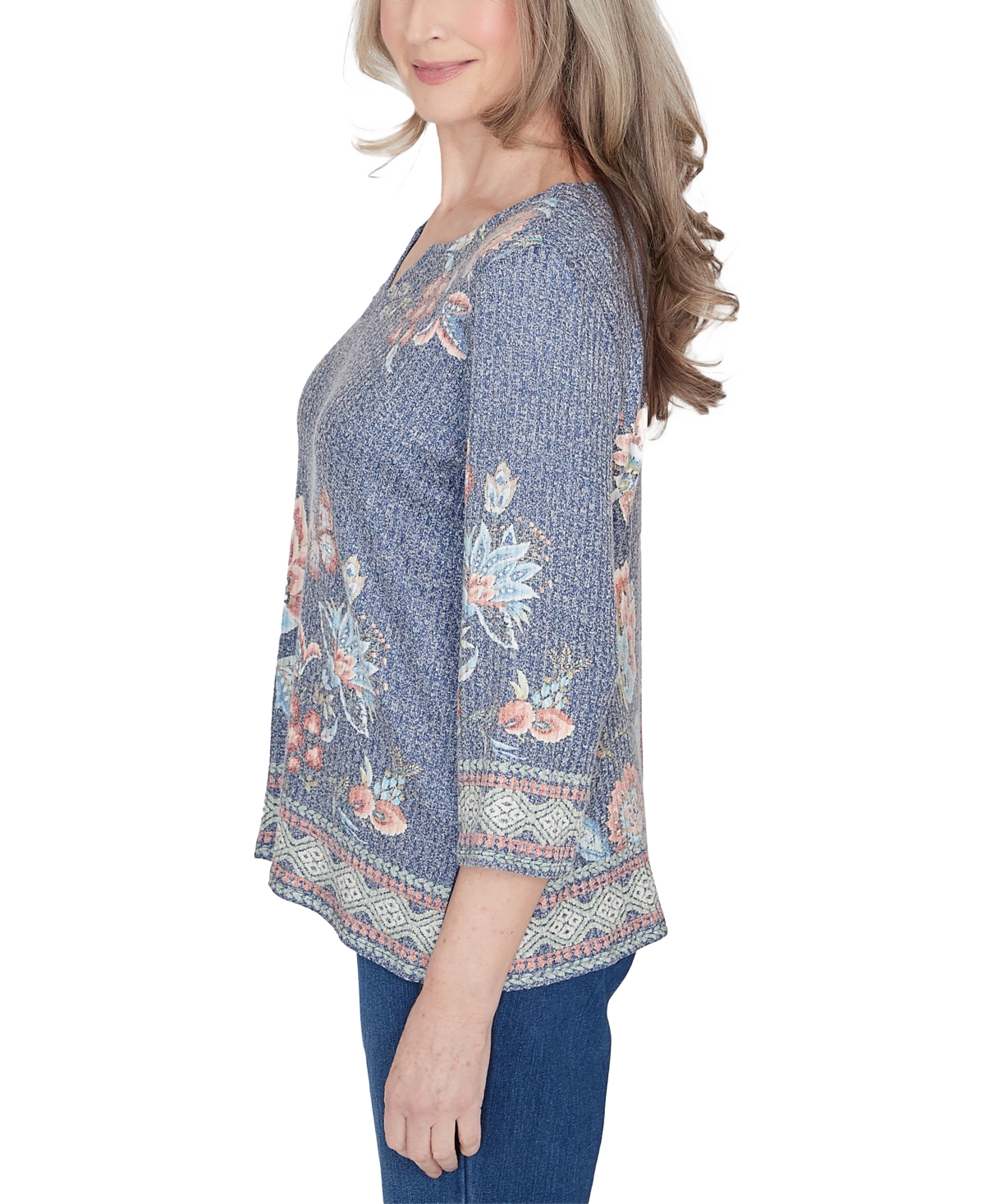 Alfred Dunner Scottsdale Women's Floral Border Split Neck Top In Navymul