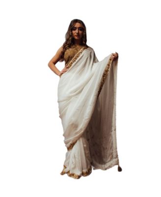 Women's Off White Pre-Pleated Silk Saree with Golden Halter Blouse with Kasab and Cutdana Embroidery