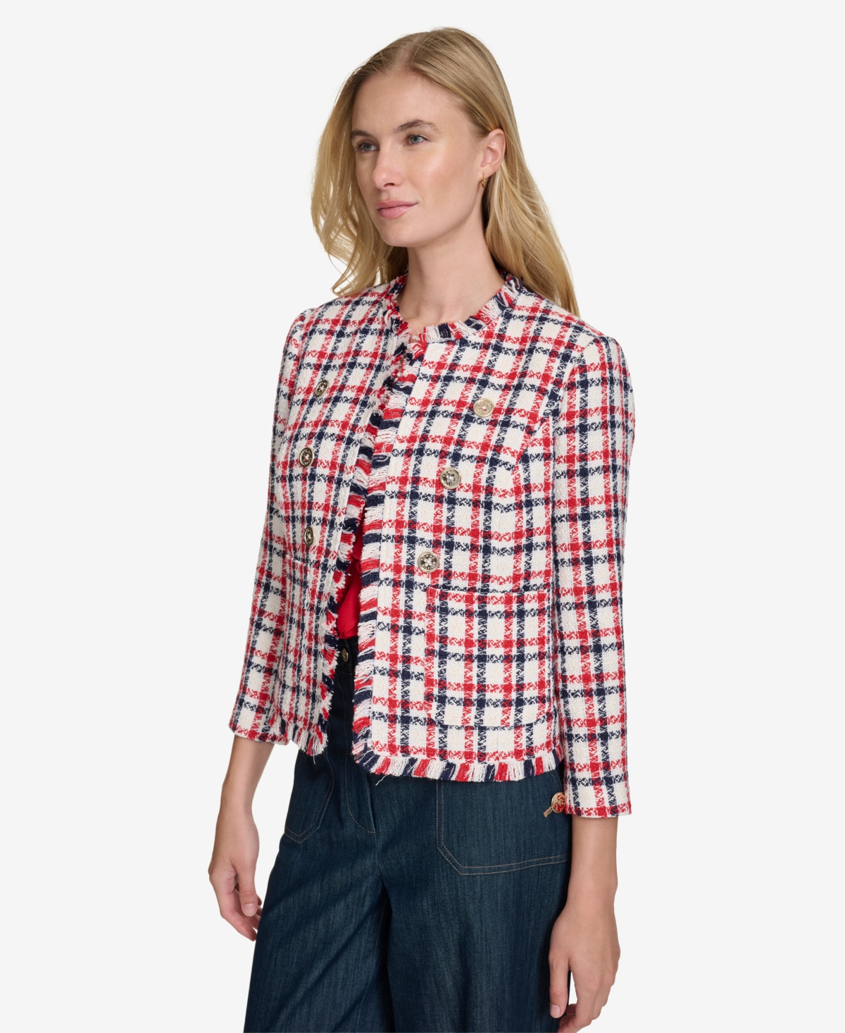 Tommy Hilfiger Women's Open-front Fringe-trim Jacket In Scarlet Multi