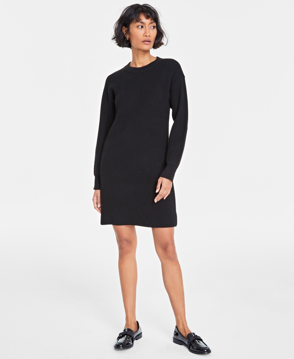 On 34th Women's Ribbed Crewneck Sweater Dress, Created For Macy's In Deep Black