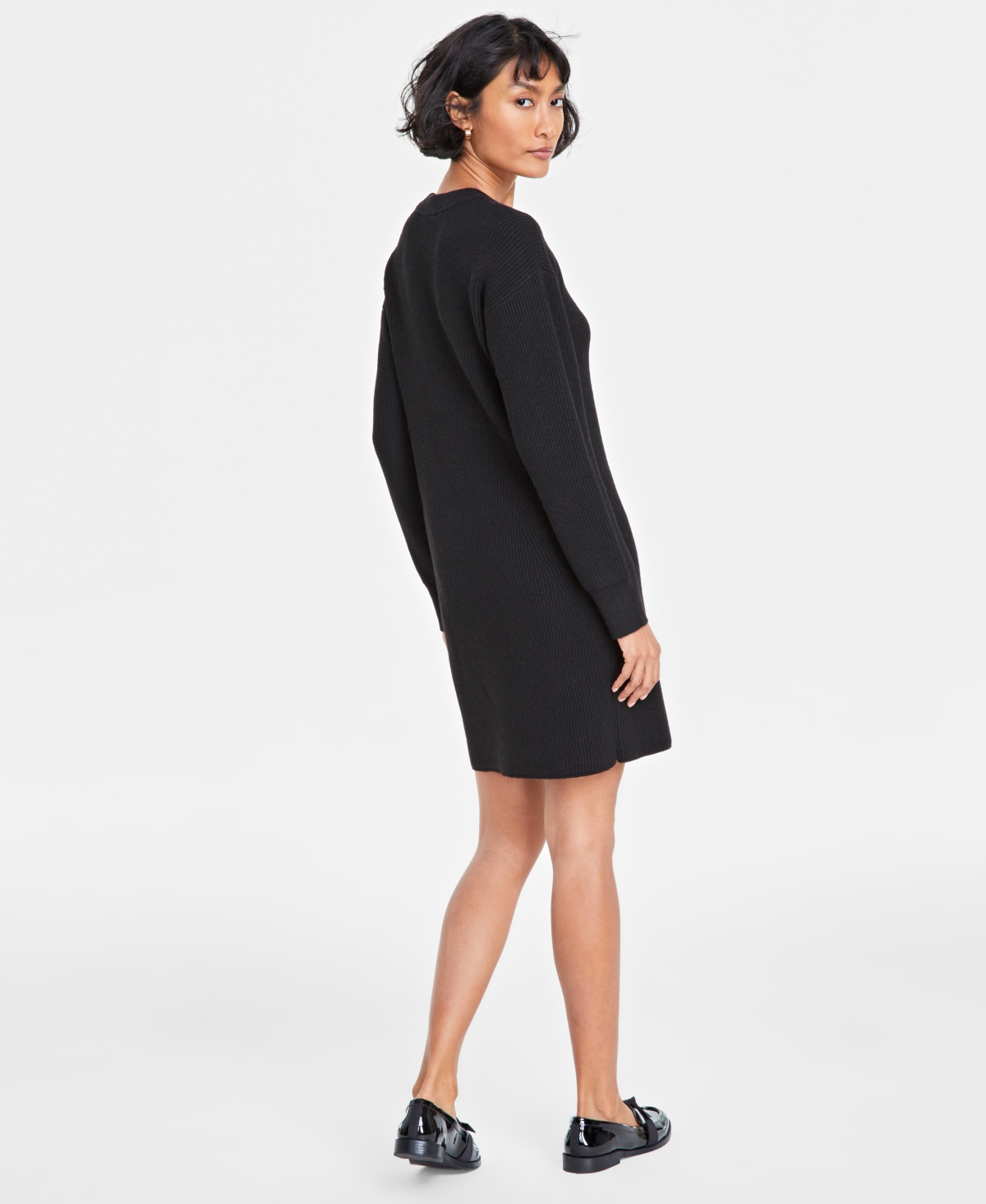 On 34th Women's Ribbed Crewneck Sweater Dress, Created For Macy's In Deep Black