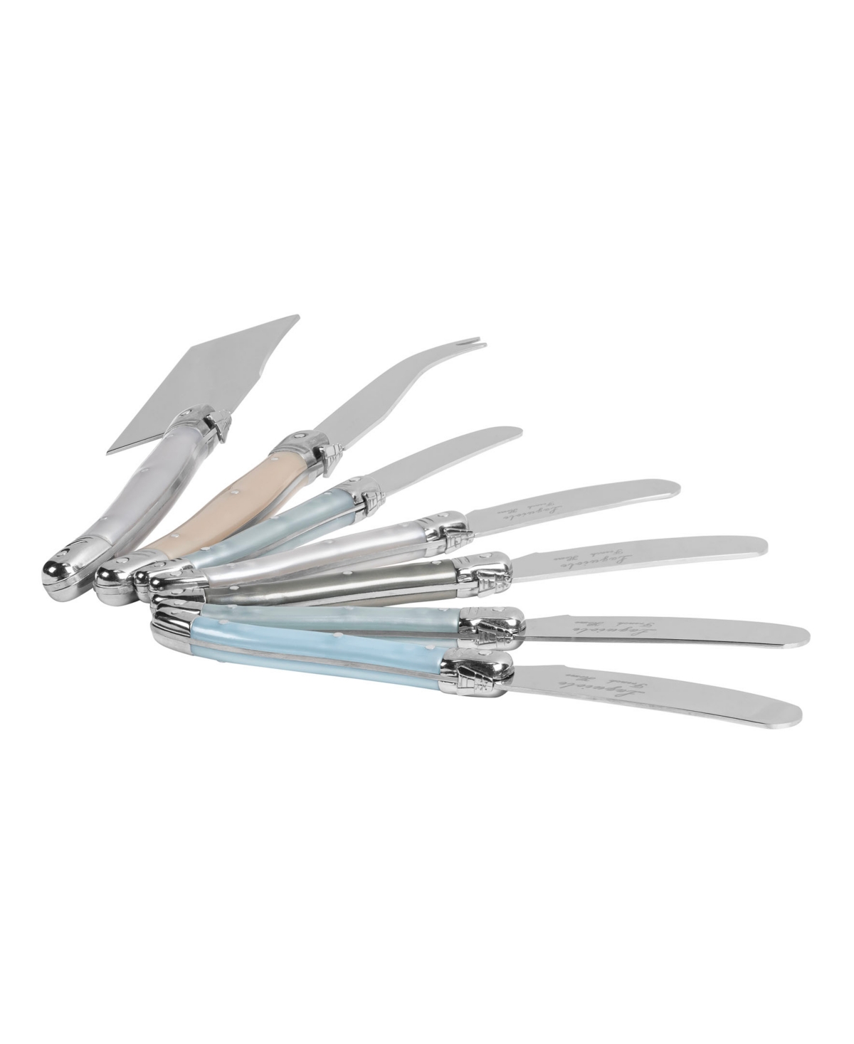 French Home Laguiole Cheese 7-piece Knife And Spreader Set With Mother Of Pearl Handles In Tan,blue,white