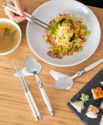 Faux Ivory Chopsticks, Laguiole Spoons and Ceramic Rests, Set of 4 Pairs