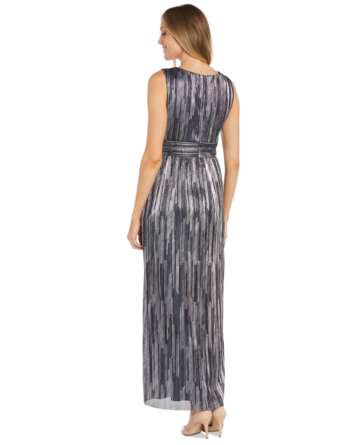 R & M Richards Women's Draped Open-Front Sheer Jacket & Metallic Gown -Silver