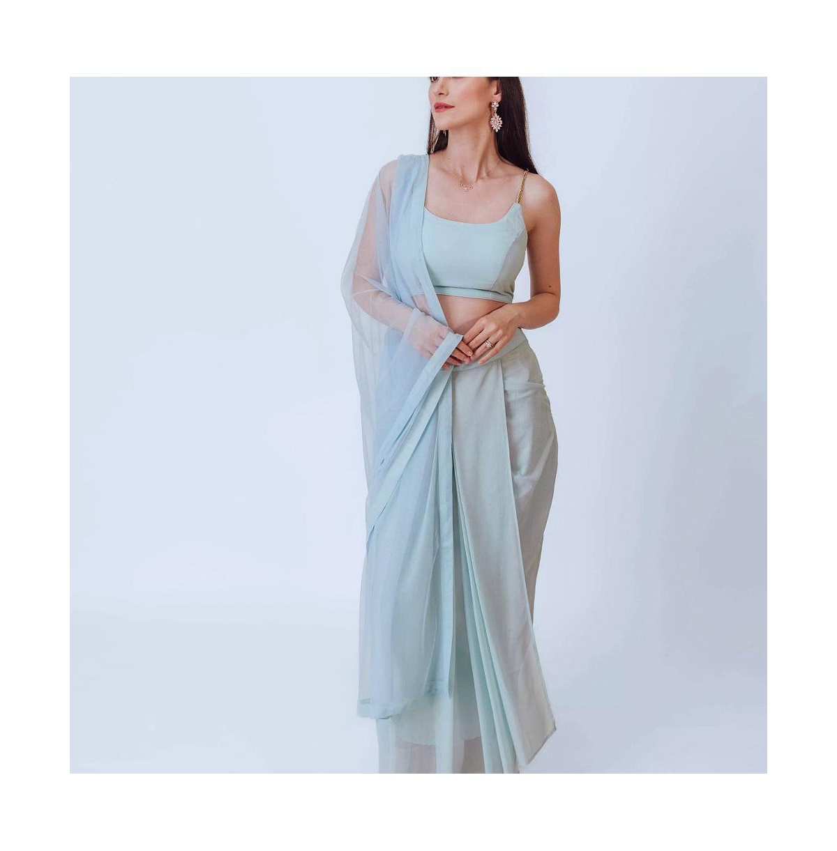 Women's Sky Blue Shimmery Pleated Dhoti Skirt and Embellished Blouse Set - Sky blue shimmer
