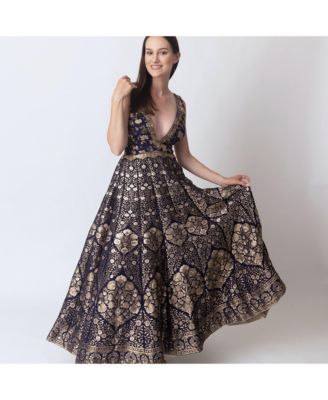 Women's Blue and Gold Brocade Gown