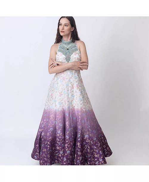 women's lavender ombre floral gown with intricate hand embellished neckline