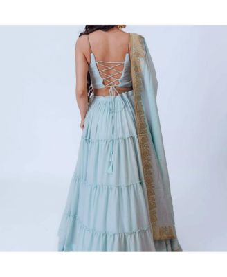 Women's Shimmer Sky Blue Tiered Skirt with Blouse and Dupatta