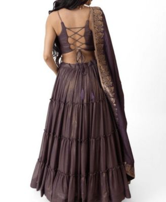 Women's Brownish Purple Shimmer Tiered Lehenga Choli with Golden Accents