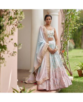 Women's Pastel Floral Jacquard Silk Crop Top with Beadwork and Tiered Skirt Set with Dupatta