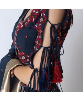 Women's Bandhani Print Lace Up Detail Chaniya Choli with Embroidered Blouse and Dupatta