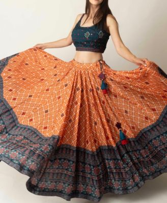 Women's Bandhani and Ajrakh Print Chaniya Choli with Mirror Work