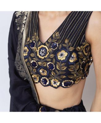 Women's Blue and Gold Hand Embroidered Raw Silk Lehenga Choli