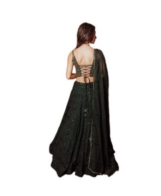 Women's Green Lehenga with Chikankari Embroidery and Hand Embroidered Blouse with Mirror Work