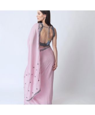 Women's Pink Pre-Draped Soft Silk Saree with Cutdana and Resham Embroidery