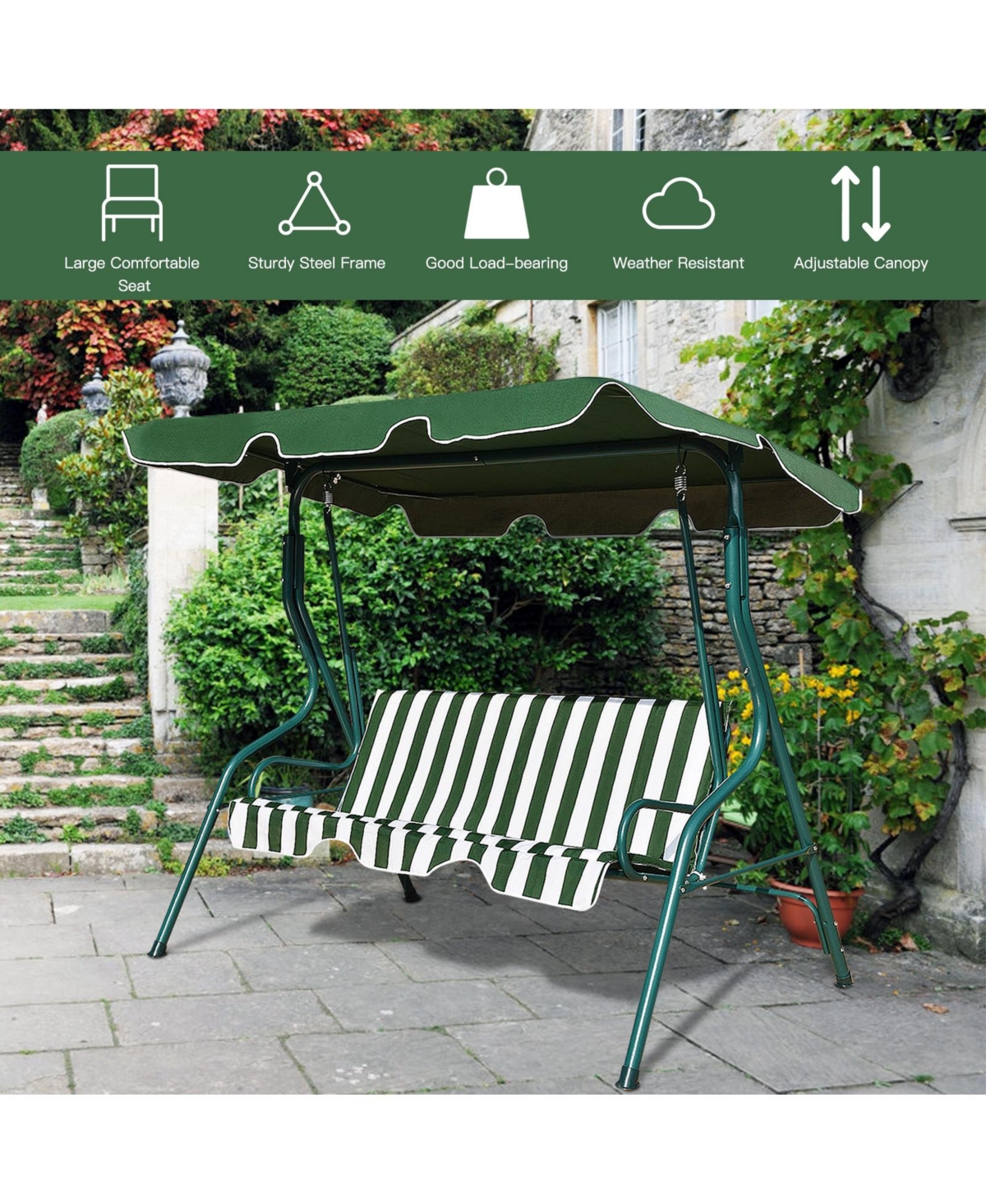 Vebreda 3 Seat Outdoor Patio Canopy Swing with Cushioned Steel Frame