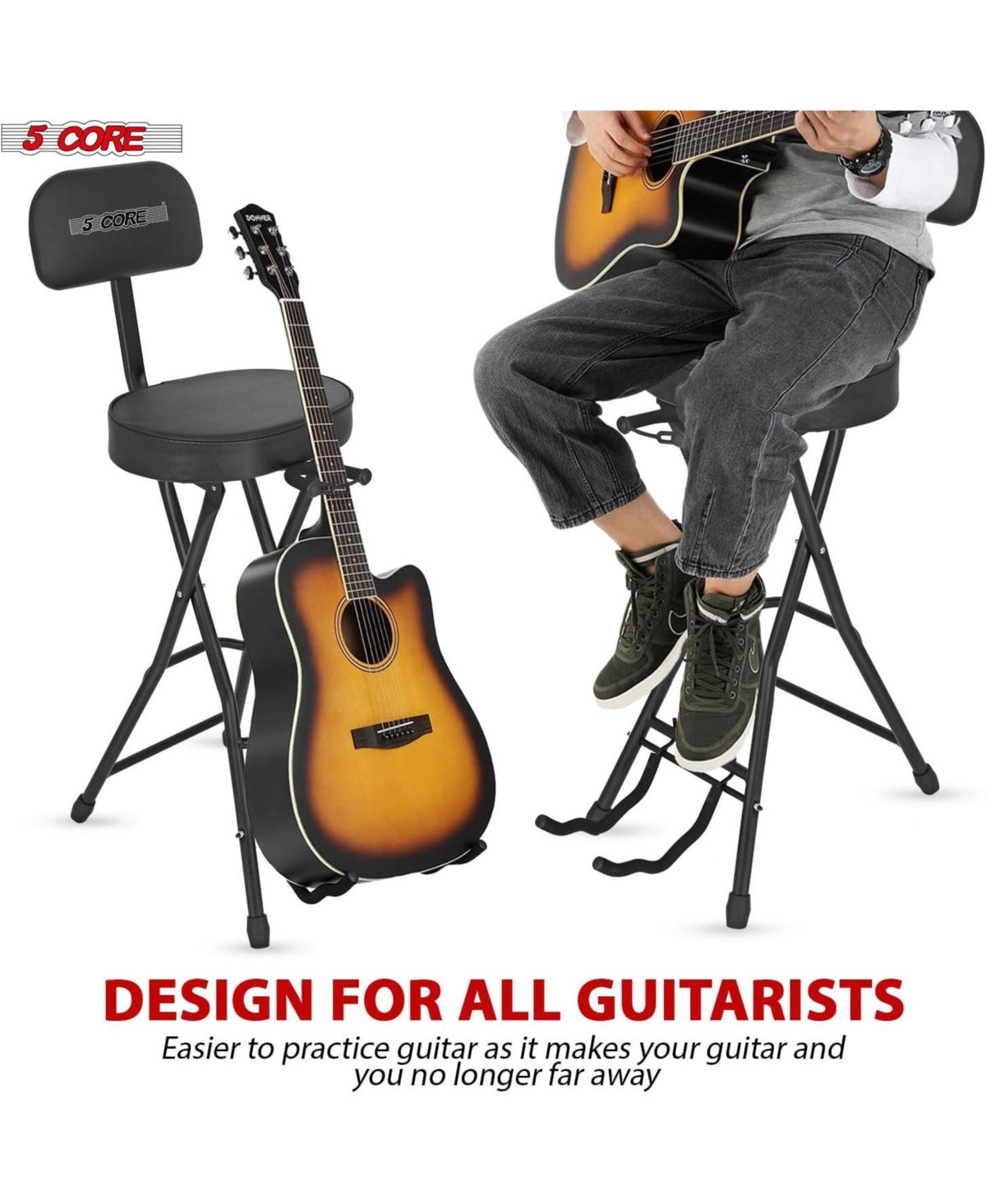 5Core Guitar Stool Adjustable Backrest Piano Chair 3.15" Padded Seat Music Stand