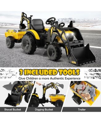 3-in-1 Kids Ride On Excavator Bulldozer 12V Electric Tractor Remote w/ Trailer Yellow