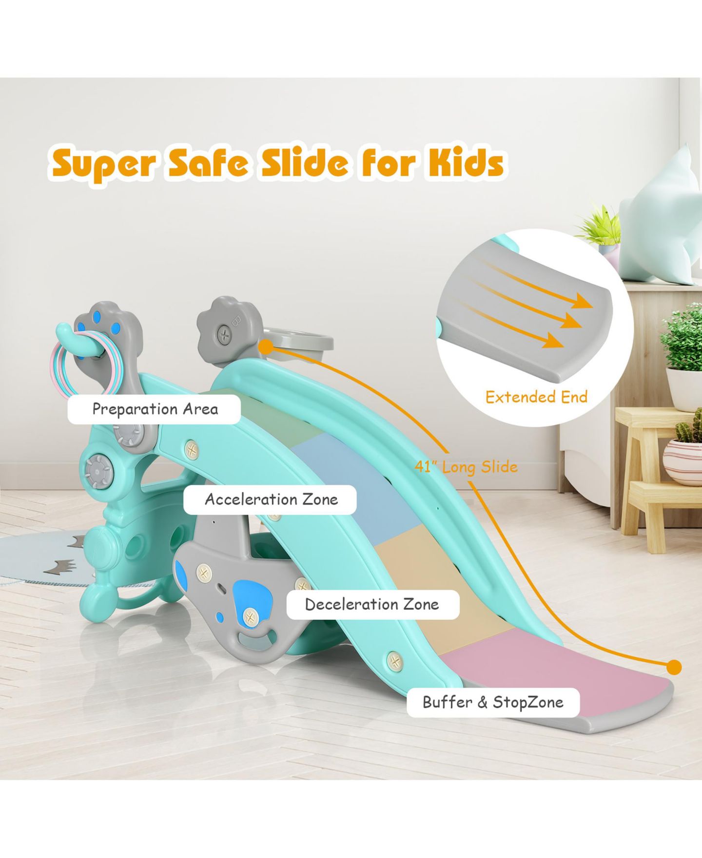 Детские игрушки Costway 4-in-1 Rocking Horse & Slide Set, Hdpe, with Basketball Hoop and Ring Toss, Ages 1-5, цвет: Синий — фото 6