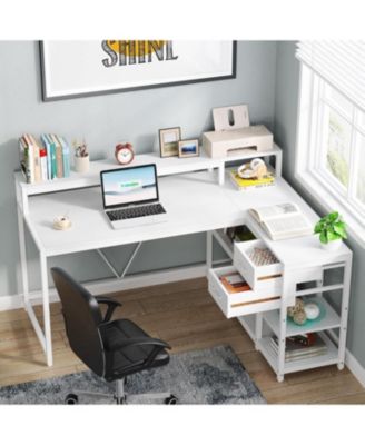 55-inches Reversible L Shaped Desk with Drawer, Modern White L Corner Desk Home Office Table, Wooden and Metal PC Desk