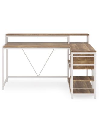 55-inches Reversible L Shaped Desk with Drawer, Modern White L Corner Desk Home Office Table, Wooden and Metal PC Desk