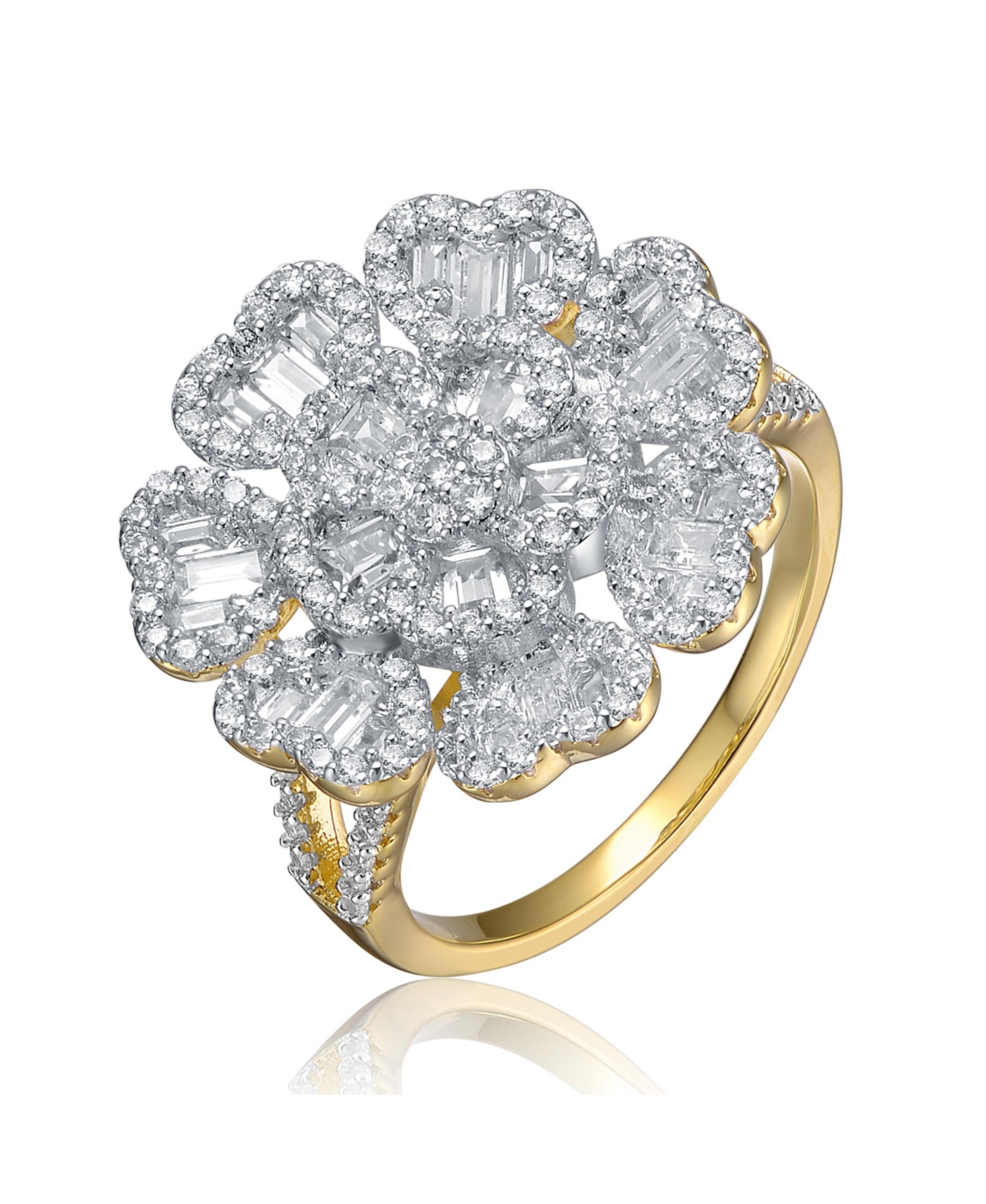 Sterling Silver 14k Gold Plated Cubic Zirconia Cluster Heart Petal Flower Ring - Silver