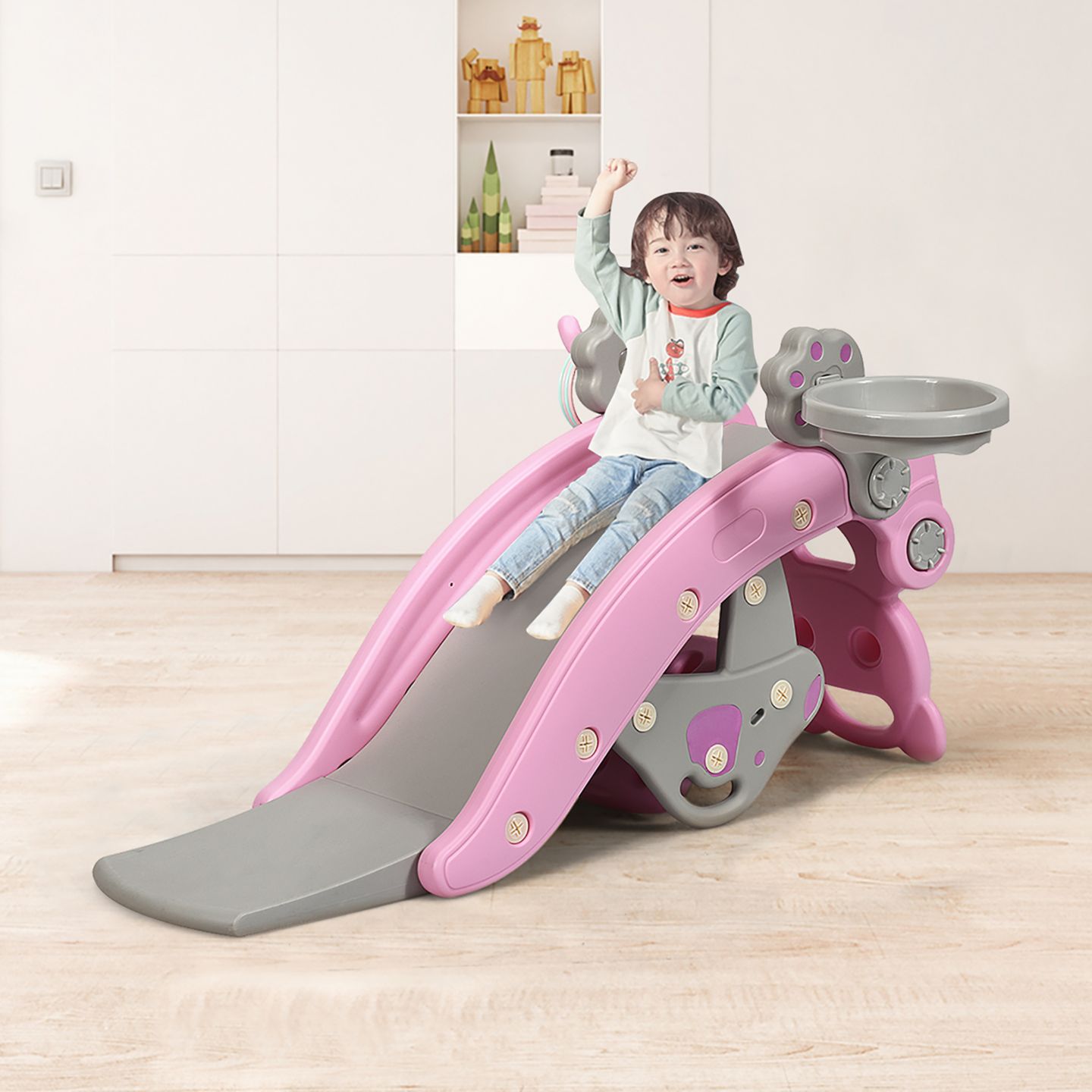 Детские игрушки Costway 4-in-1 Rocking Horse Slide Set with Basketball Hoop and Ring Game, 132 lbs., Ages 1-5, цвет: Розовый — фото 5