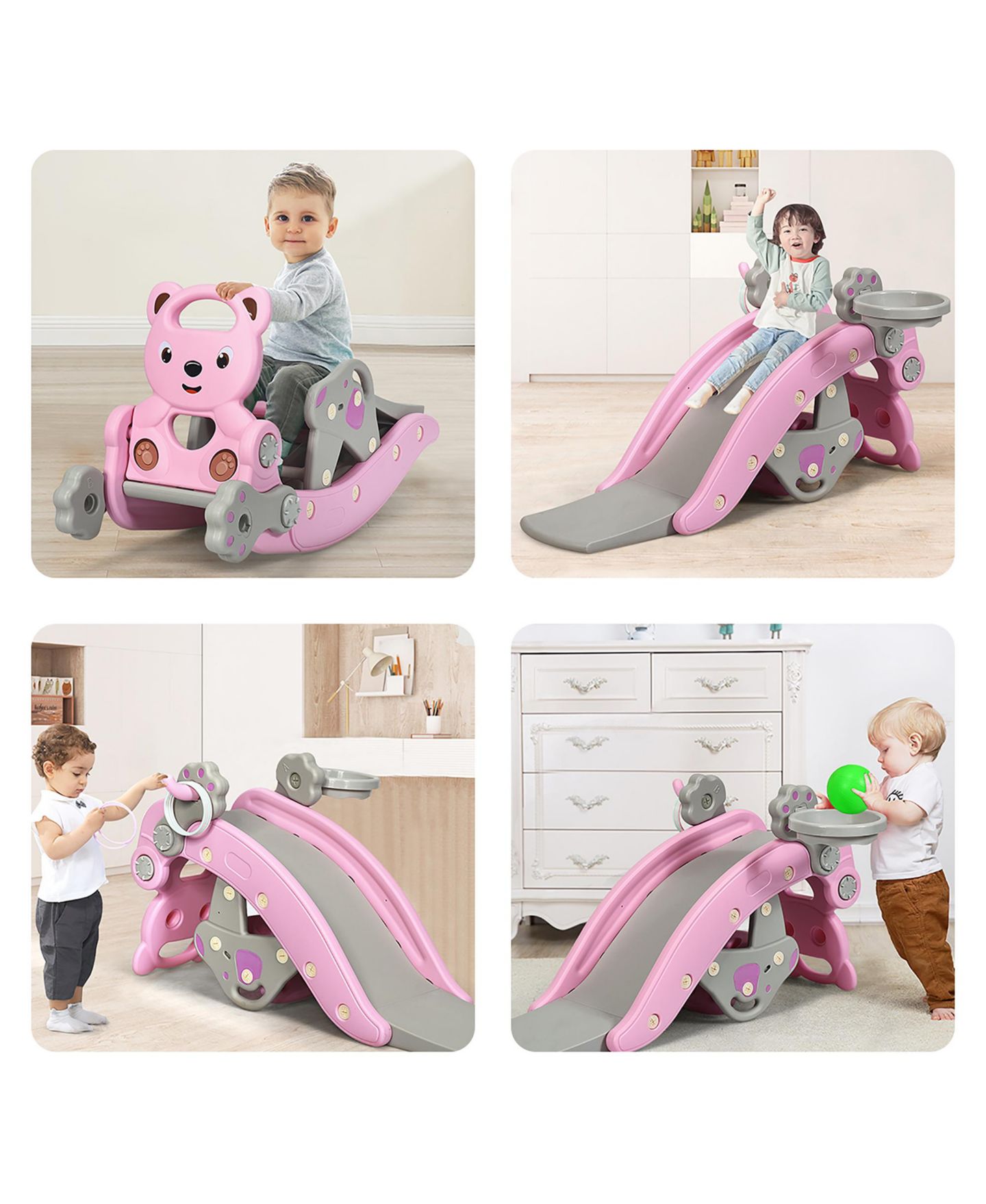 Детские игрушки Costway 4-in-1 Rocking Horse Slide Set with Basketball Hoop and Ring Game, 132 lbs., Ages 1-5, цвет: Розовый — фото 10