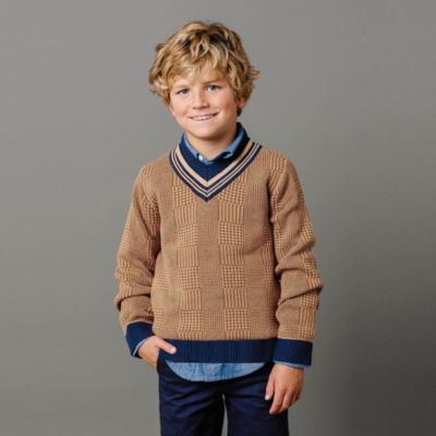 Boys Organic Long Sleeve V-Neck Intarsia Cricket Sweater