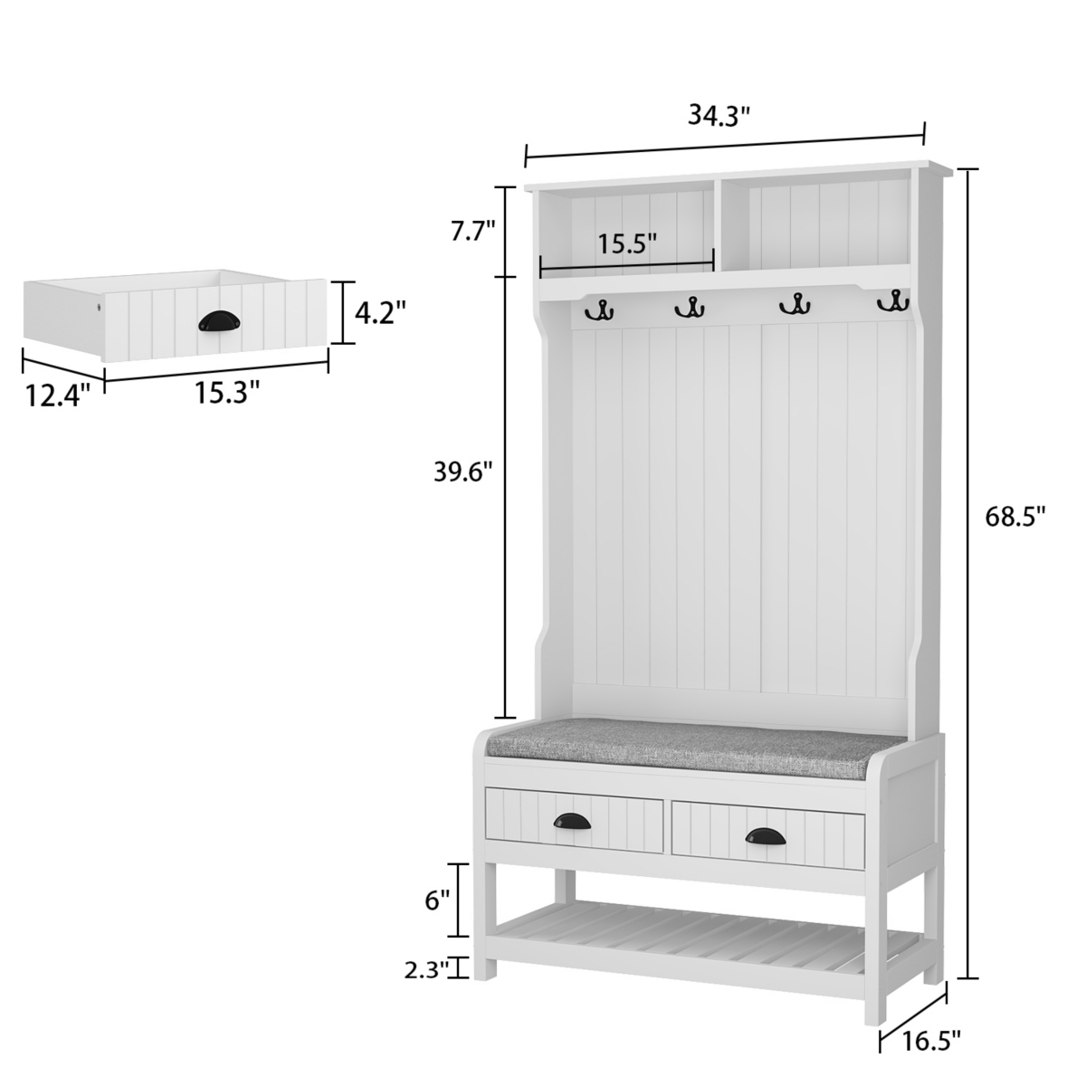Famapy White Coat Rack Hall Tree with Hooks, Storage Bench, 2-Drawers