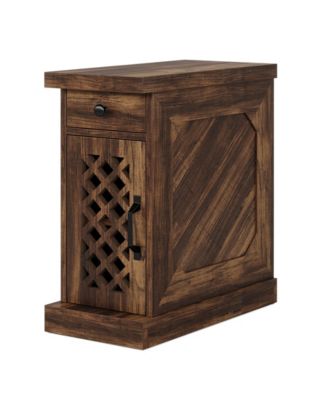 End Table Set of 2, Narrow Side Table with Drawer and Cabinet, Farmhouse Nightstand Sofa End Table for Small Space, Living Room, Bedroom, Vintage Brown