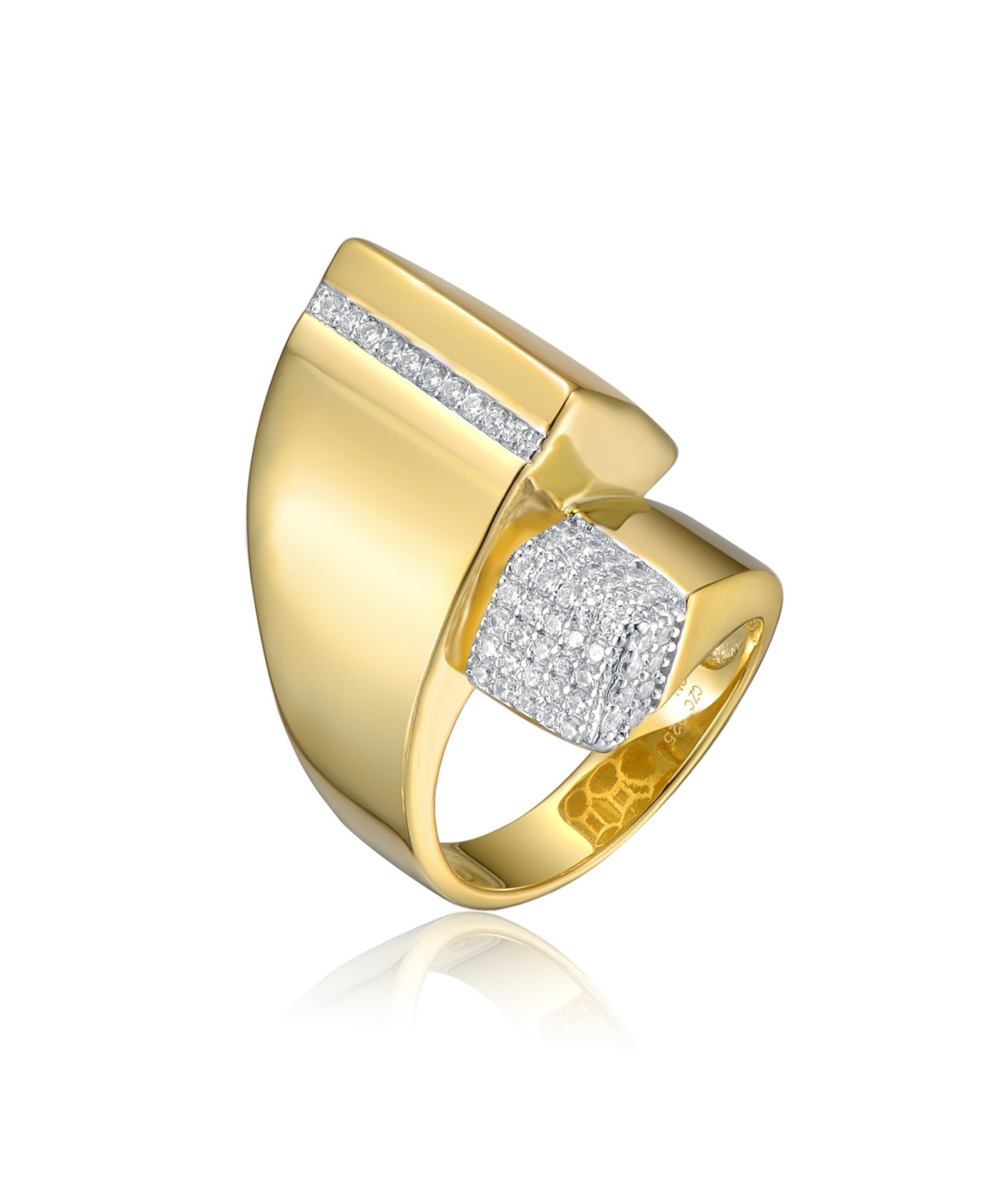 Sterling Silver 14k Gold Plated Cubic Zirconia Modern Open Cuff Scroll Ring - Gold