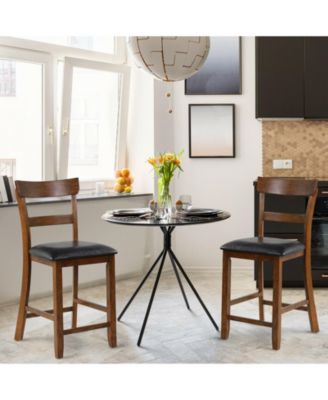 2 Pieces Counter Height Chair Set with Leather Seat and Rubber Wood Legs