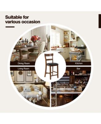 2 Pieces Counter Height Chair Set with Leather Seat and Rubber Wood Legs