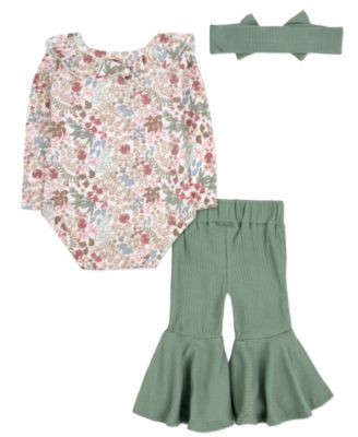 Baby Girl Floral Bodysuit, Bell Bottom Pant & Headband, 3-Piece Set