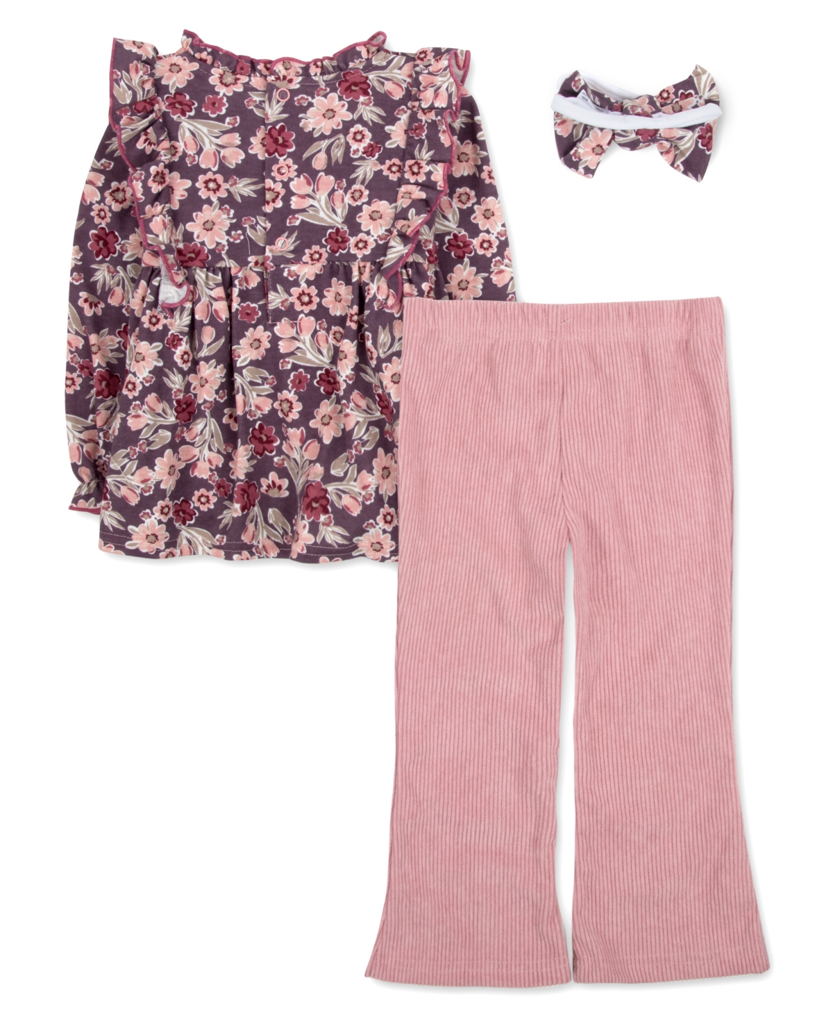 Baby Essentials Baby Girl Floral Tunic Top With Flare Pant & Headband, 3-piece Set In Pink