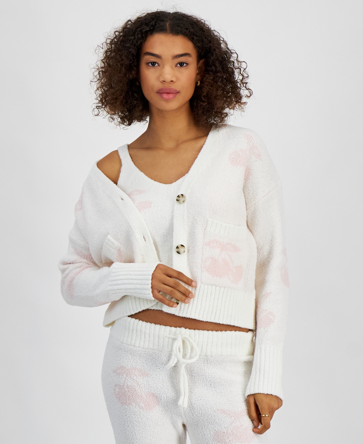 Juniors' Teddy Cardigan & Tank Top Set - Cream Cherries