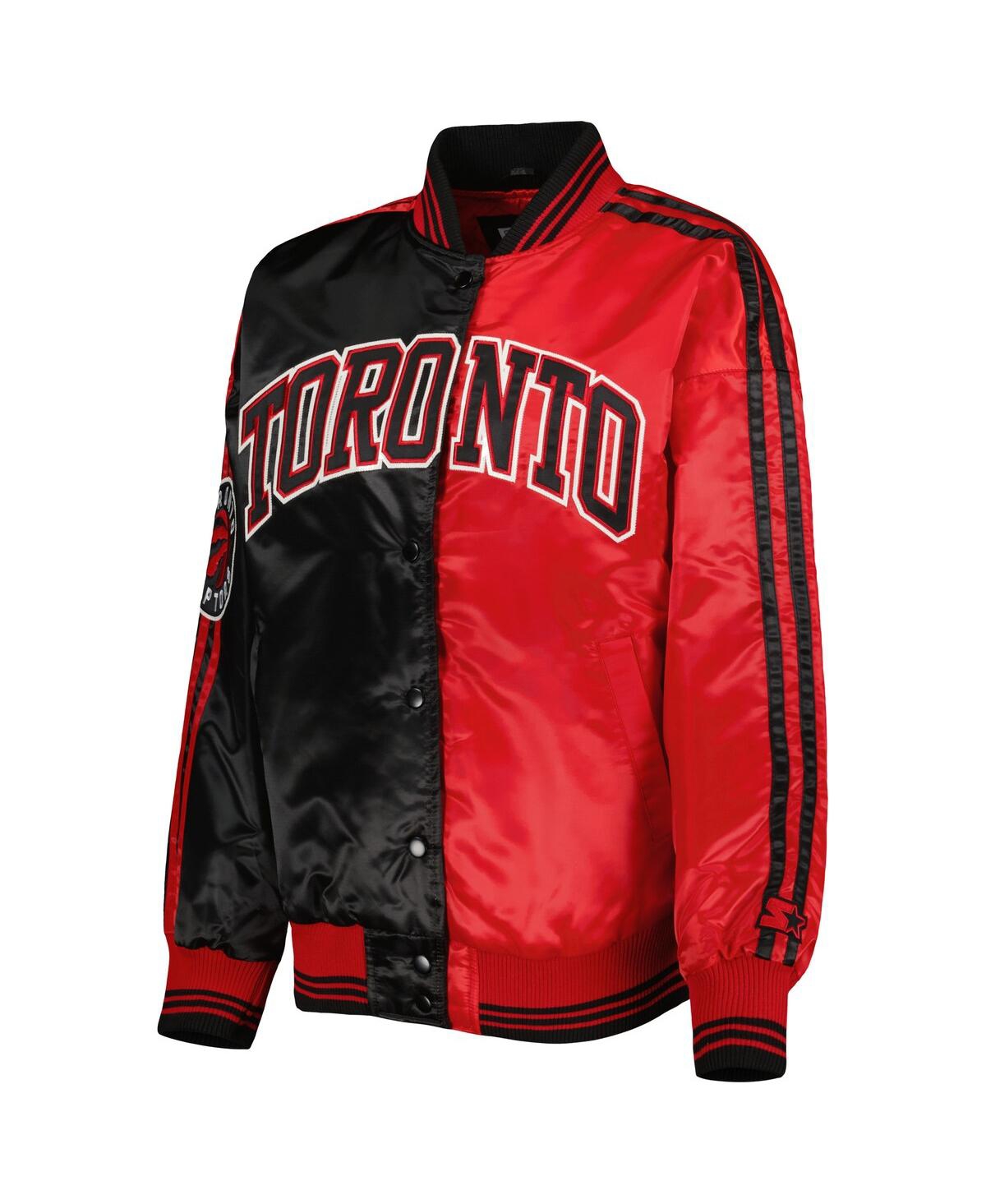 Starter Women's Black/red Toronto Raptors Split Colorblock Satin Full-snap Varsity Jacket In Black,red