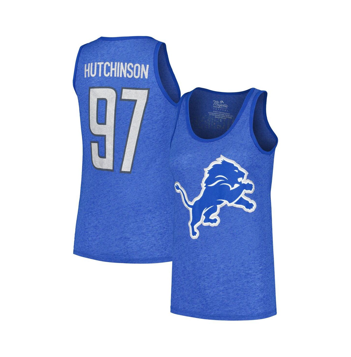 Женский топ Majestic Aidan Hutchinson Heather Blue Detroit Lions Name & Number Tri-Blend — фото 1