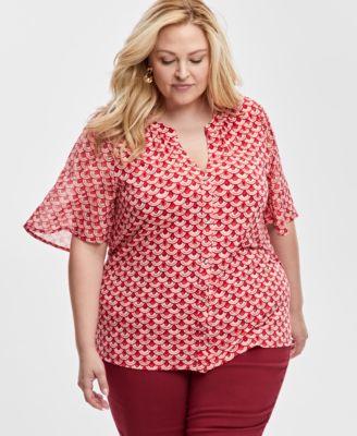 JM Collection - Plus Size Split-Neck Flutter-Sleeve Blouse
