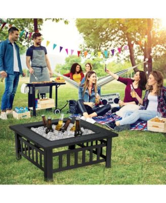 32 Inch 3 in 1 Outdoor Square Fire Pit Table with BBQ Grill and Rain Cover for Camping