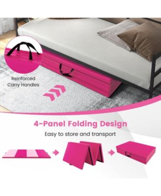 4-Panel PU Leather Folding Exercise Mat with Carrying Handles-Hot Pink